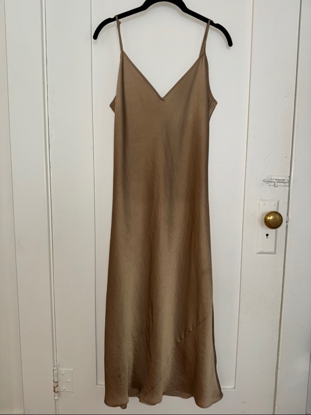 Wilfred Taupe Maxi Slip Dress with V-Neck Spaghetti Straps